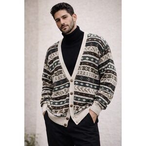 Jantzen Men's XL Southwestern Geometric Cardigan Sweater Vintage Button Repair